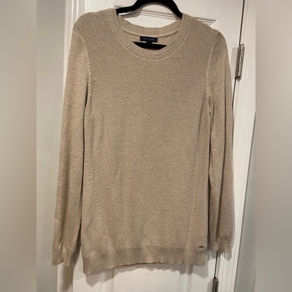 Tommy Hilfiger Sparkly Gold Knit Crew Neck Long Sleeve Pullover Sweater Size XL